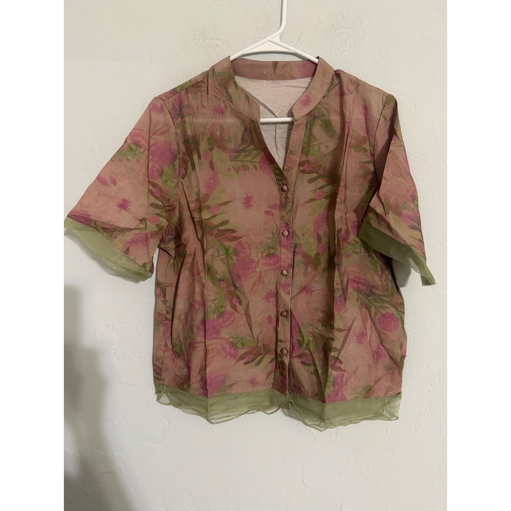Akivide Womens Cotton Linen Boho Floral Layered Shirt Mauve Pink Green Size L
